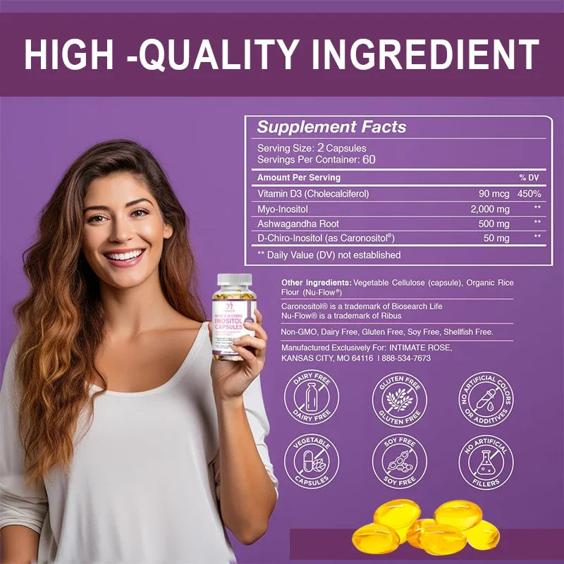 Myo-Inositol & D-Chiro Inositol Capsule with Folate Supports Ovarian Function Hormone Balance Fertility Supplement Beauty Health